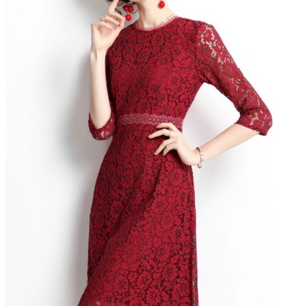 Chic Long Sleeve Red Lace Dress